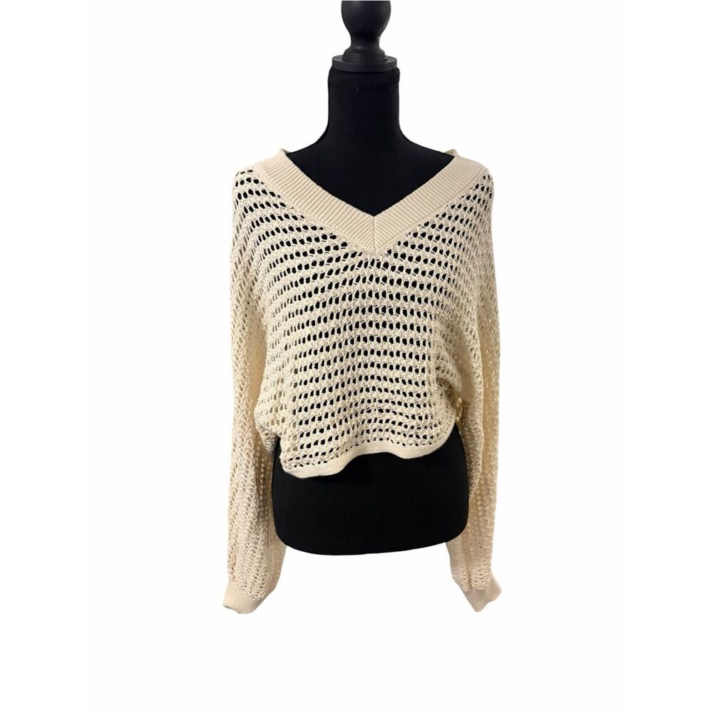 wild fable Cream Open-Knit V-Neck Sweater